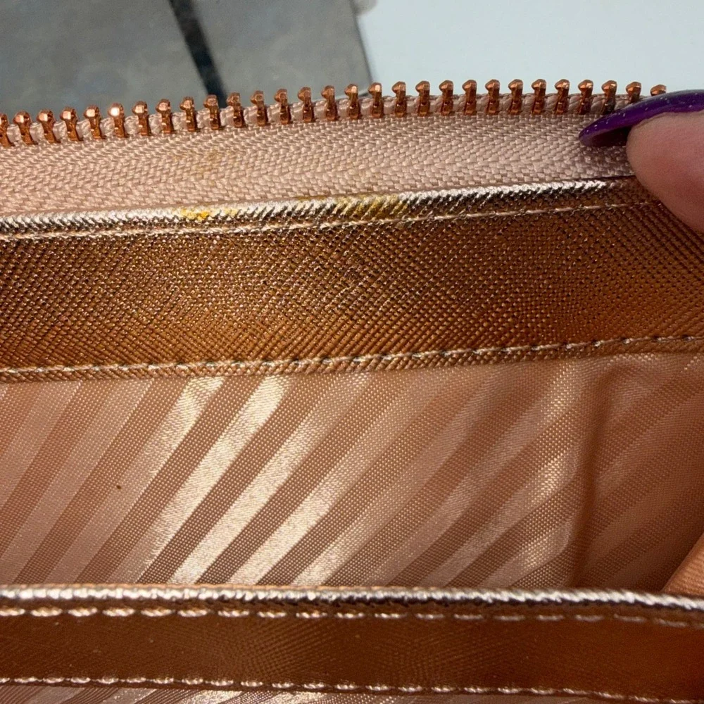 Nanette Lepore Rose Gold Metallic Crossgrain Zip Around Wristlet Wallet